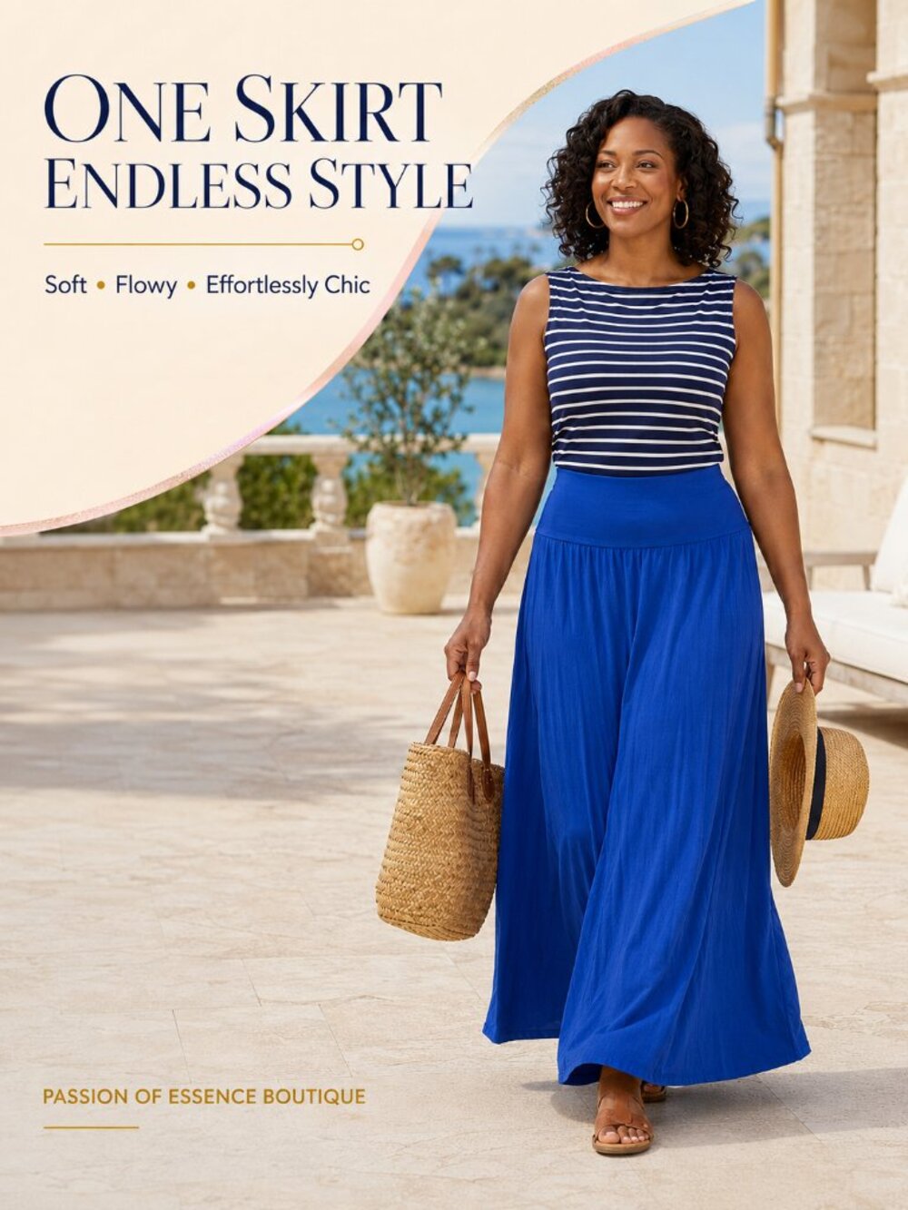 Royal Blue Fold-Over Waist Flowy A-Line Maxi Skirt